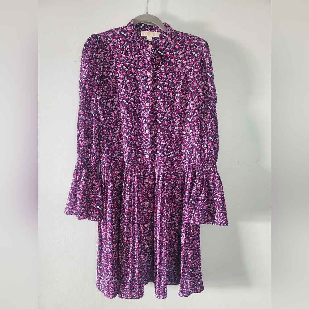 MICHAEL  Michael Kors Floral Button Down Bell Long Sleeve Pleated Dress M